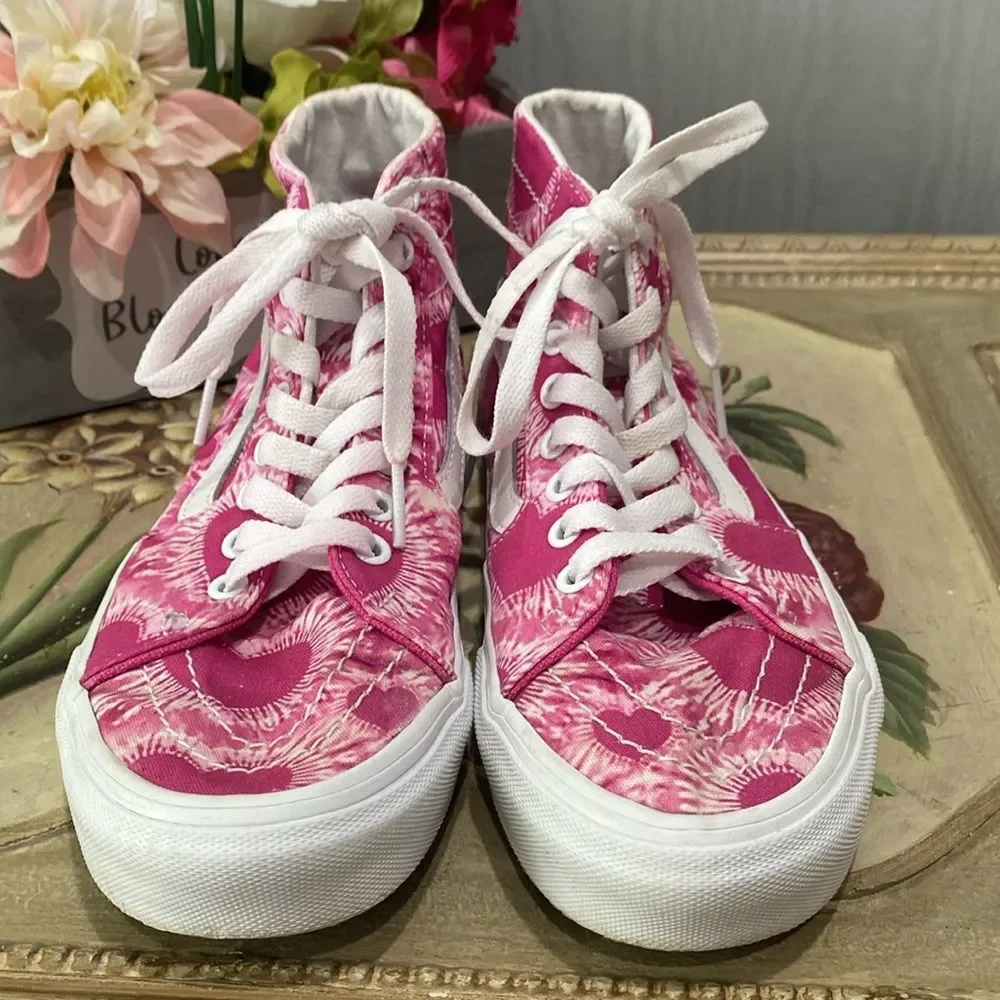 Vans Off the Wall Sk8-Hi Tapered Tie-Dye Hearts Fuchsia Pink Men 5.5 Women 7 - Picture 6 of 13